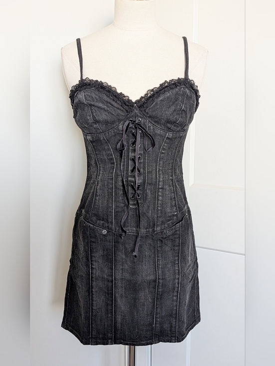 Guess Dresses & Skirts - Y2K Vintage Guess Jeans Stretch Denim Black Bustier Corset Lace Up Mini Dress Sm